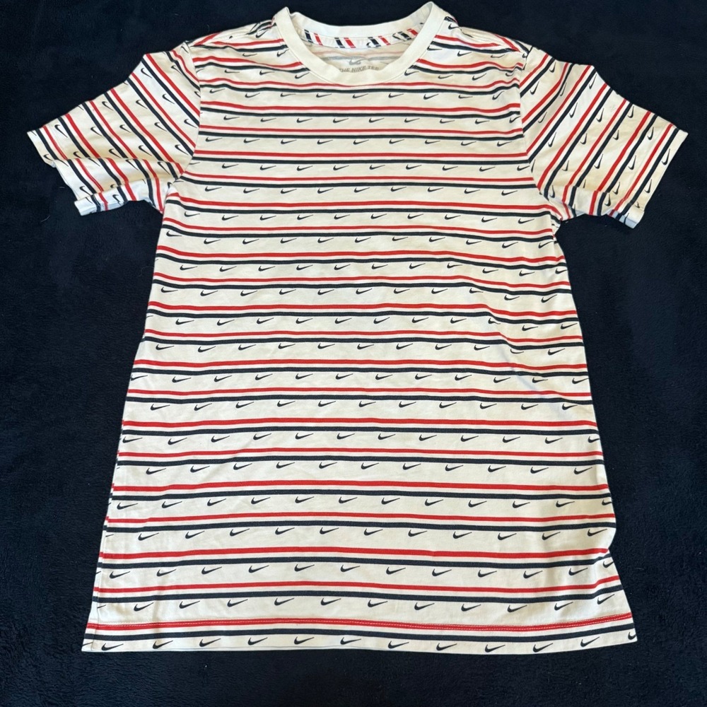 Nike Mens‎ Striped Swoosh Logo T-Shirt White Red Navy Blue Short Sleeve Small